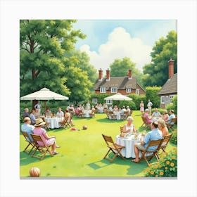 An English Summer Garden Party With Guests Playing Lawn Games, Watercolor 1 Canvas Print