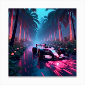 Formula Car Speeding Through A Neon Jungle With Glowing Trees And Bioluminescent Plants 1 Canvas Print