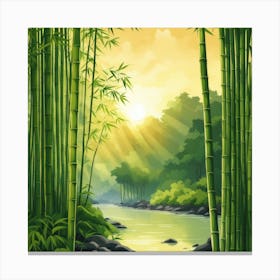 A Stream In A Bamboo Forest At Sun Rise Square Composition 9 Canvas Print