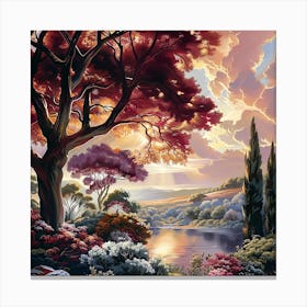 Crimson Canopy - Sunset Over The Serene Valley Canvas Print