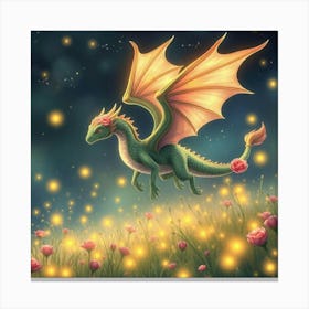 Dreamy Dragon With Wings Of Roses Flying Over A Shimmering Meadow Filled With Glowing Fireflies 1 Canvas Print