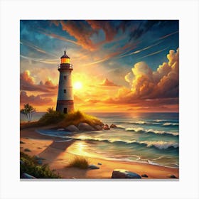 Lighthouse At Sunset On The Beach Canvas Print