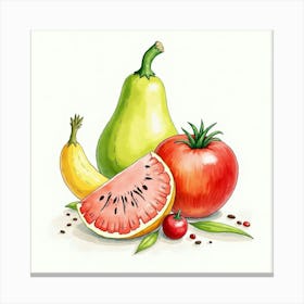 Artistic Watercolor Rendering Of Fruits And Vegetables In A Charming Display 1 Canvas Print