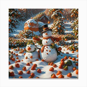 Snowman And Strawberries Canvas Print