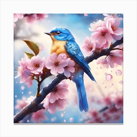 Blue Bird and Cherry Blossom in Spring Rain Canvas Print