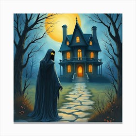 Horror Figure In A Watercolor Haunted Mansion, Vibrant And Eerie 1 Canvas Print