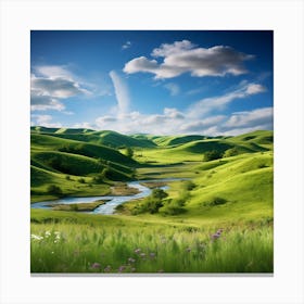 Green Hills And A River Canvas Print