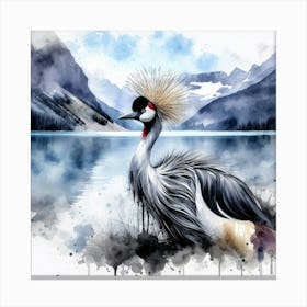 Crowned Crane by Mountain Lake Painting -Wild Bird Artwork 148 Canvas Print