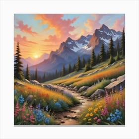 Sunset in the Mountains, Boho Landscape, Wildflowers Art Print Canvas Print