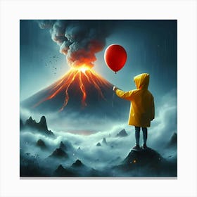 A Boy Wearing A Yellow Rain Coat Holding A Red Ballon, Standing In Front Of A Smokey Volcano, Digital Art 1 Canvas Print