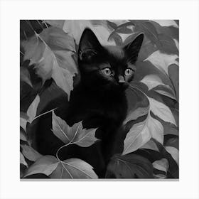 Black and White Black Kitten In Leaves 1 Canvas Print