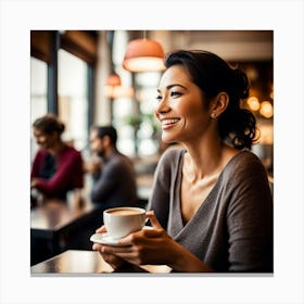 Happy Young Woman Drinking Coffee In Cafe Canvas Print