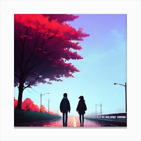 Two People Walking In The Rain Canvas Print