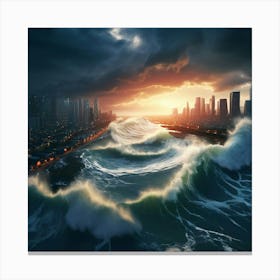 A Dramatic Depiction Of A Tsunami Barreling Towards A Coastal Metropolis A Direct Consequence Canvas Print