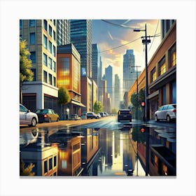 City Street With Reflections In Puddles Canvas Print