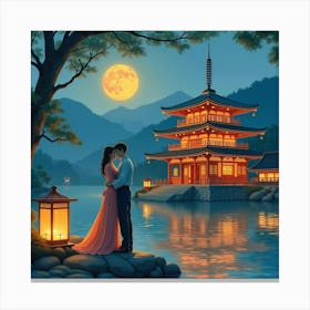 Japanese Couple Embracing In Front Of A Glowing Temple, Lanterns Reflecting On The Water, Watercolor Canvas Print