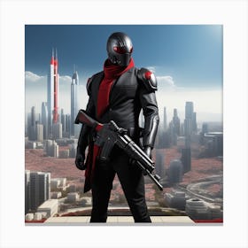 The Image Depicts A Man In A Black Suit And Helmet Standing In Front Of A Large, Modern Cityscape 7 Canvas Print