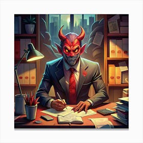 Devilish Businessman In A Suit Sitting At His Desk Canvas Print