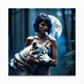 Wolf And Woman In The Forest Canvas Print