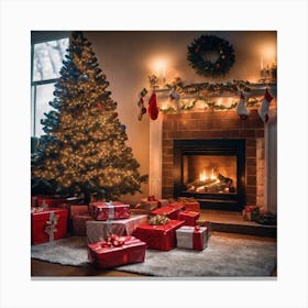 Christmas Tree In Front Of Fireplace 12 Canvas Print