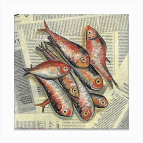 Red Fishes Mullets On Newspaper Coastal Seaside Food Kitchen Decor Canvas Print