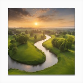 A Scenic Countryside Landscape With Green Meadows, Blooming Trees, And A Winding River Canvas Print