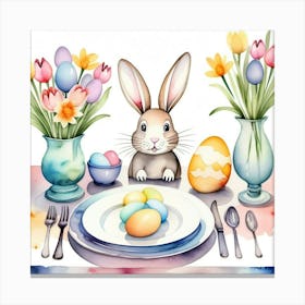 Easter Table Setting In A Watercolor Painting Style, With Bunny, Dyed Eggs And Bouquets Of Flowers Canvas Print