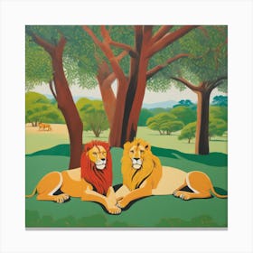 Lions Resting under Acacia Trees Series. Style of David Hockney Canvas Print