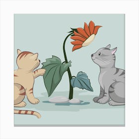 Two Cats Looking At A Flower Canvas Print