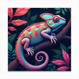 A Whimsical Chameleon With Scales Of Shifting Colors Blending Into A Neon Jungle Canvas Print