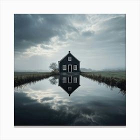 Old House Reflected In A Tranquil Pond Surrounded By Clouds On A Black Background Creating A Seren Canvas Print