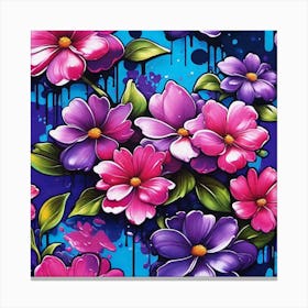 Flowers On Blue Background Canvas Print