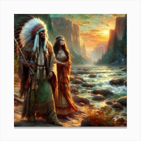 Oil Texture Native American Couple By Stream Copy 1 Canvas Print