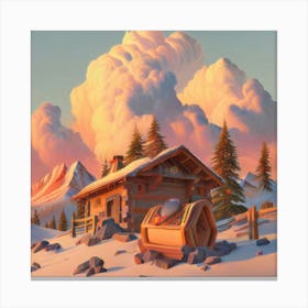 Mountain village snow wooden huts 6 Canvas Print