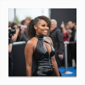 A Black Woman Voluptuous Sexy Wearing Black Latex Dress Curly Hair Big Smile on the Red Carpet - Created by Midjourney Canvas Print