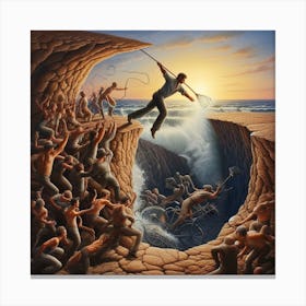 Man Jumping Out Of A Cave Canvas Print