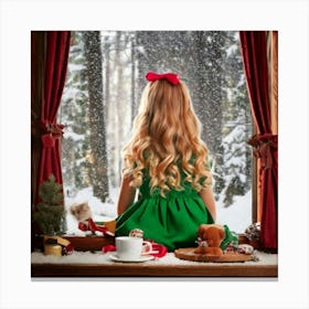 Firefly Little Girl, Blonde, Red Bow, Green Dress, Looking Out, Window, Snow Covered Forest, Fabulou (3) Canvas Print