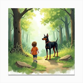 Watercolor Of A Doberman And Child Exploring A Lush Forest 1 Canvas Print