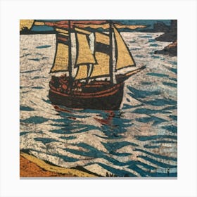 Oil painting of a boat in a body of water, woodcut, inspired by Gustav Baumann 11 Canvas Print