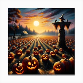 Scarecrow In Pumpkin Field Canvas Print