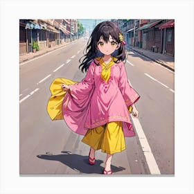 A girl wearing pink kurti and yellow dupatta walking on road. Canvas Print