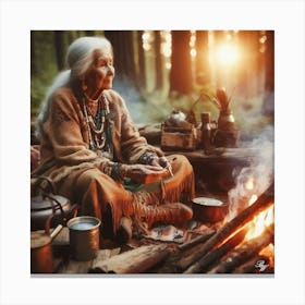 Elderly Native American Woman Sitting By Campfire Canvas Print
