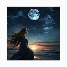 Woman On The Beach With The Moon Canvas Print