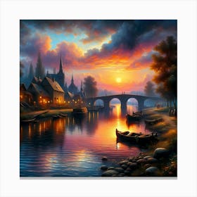 Sunset By The River With A Village And Stone Bridge, Oil Painting Art Canvas Print