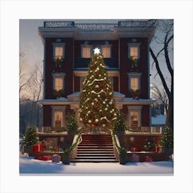 Christmas Tree In Front Of A House Canvas Print