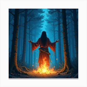 Shaman Summoning Spirits In A Glowing Forest At Night, Watercolor Design 1 Canvas Print