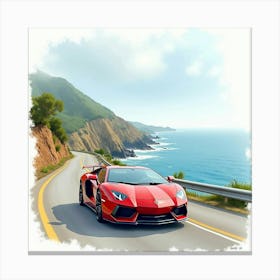 Sports Car On A Scenic Coastal Road, Watercolor Painting 1 Canvas Print