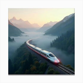 Ultra Modern Bullet Train Cutting Through Misty Mountains At Dawn 1 Canvas Print