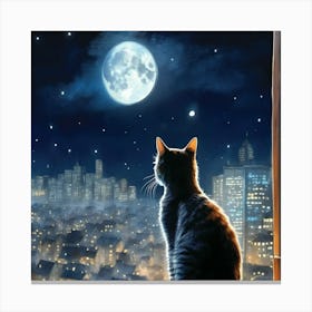 Cat Looking At The Moon Canvas Print