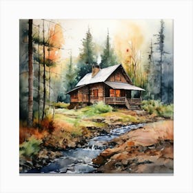 Cabin In The Woods, Create A Watercolor Painting Of A Cozy Rustic Cabin In The Woods 1 Canvas Print